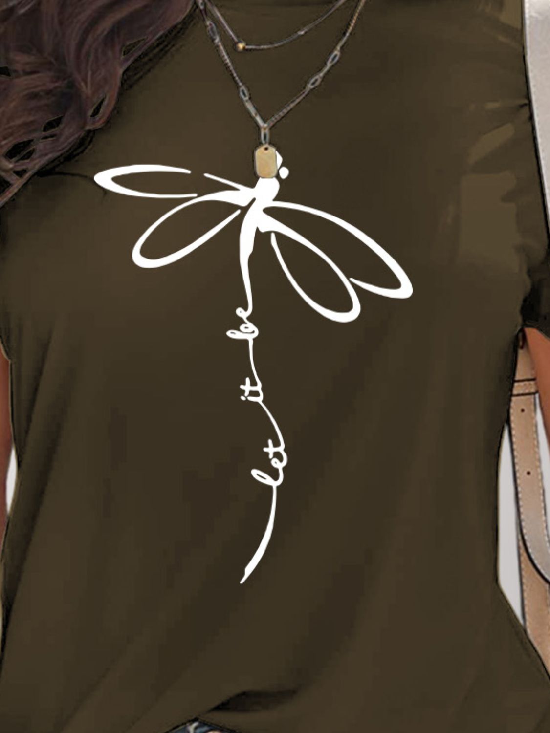 Close up view of dark green Dragonfly Graphic Round Neck Short Sleeve T-Shirt
