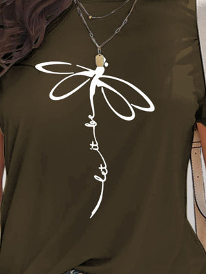 Close up view of dark green Dragonfly Graphic Round Neck Short Sleeve T-Shirt