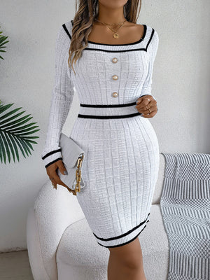 White Contrast Trim Long Sleeve Sweater Dress