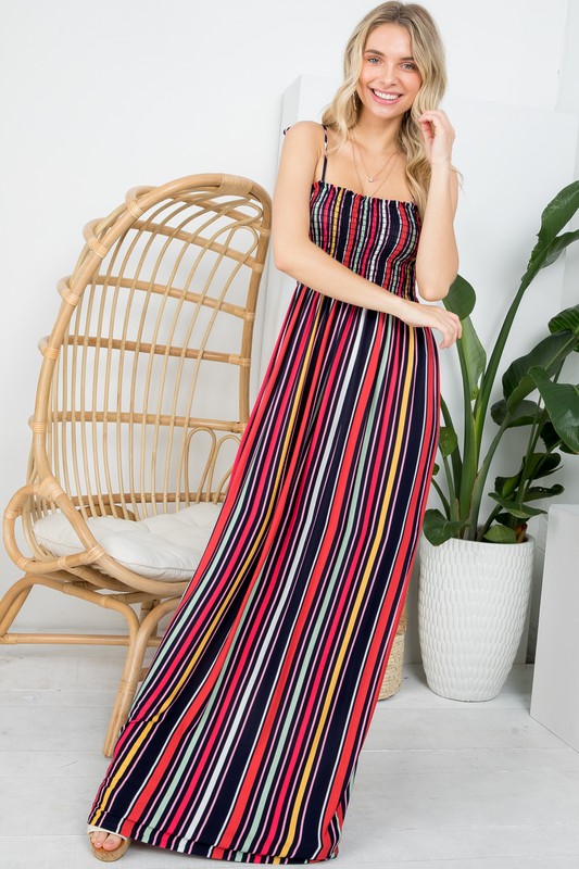 STRIPE SMOCKED MAXI DRESS