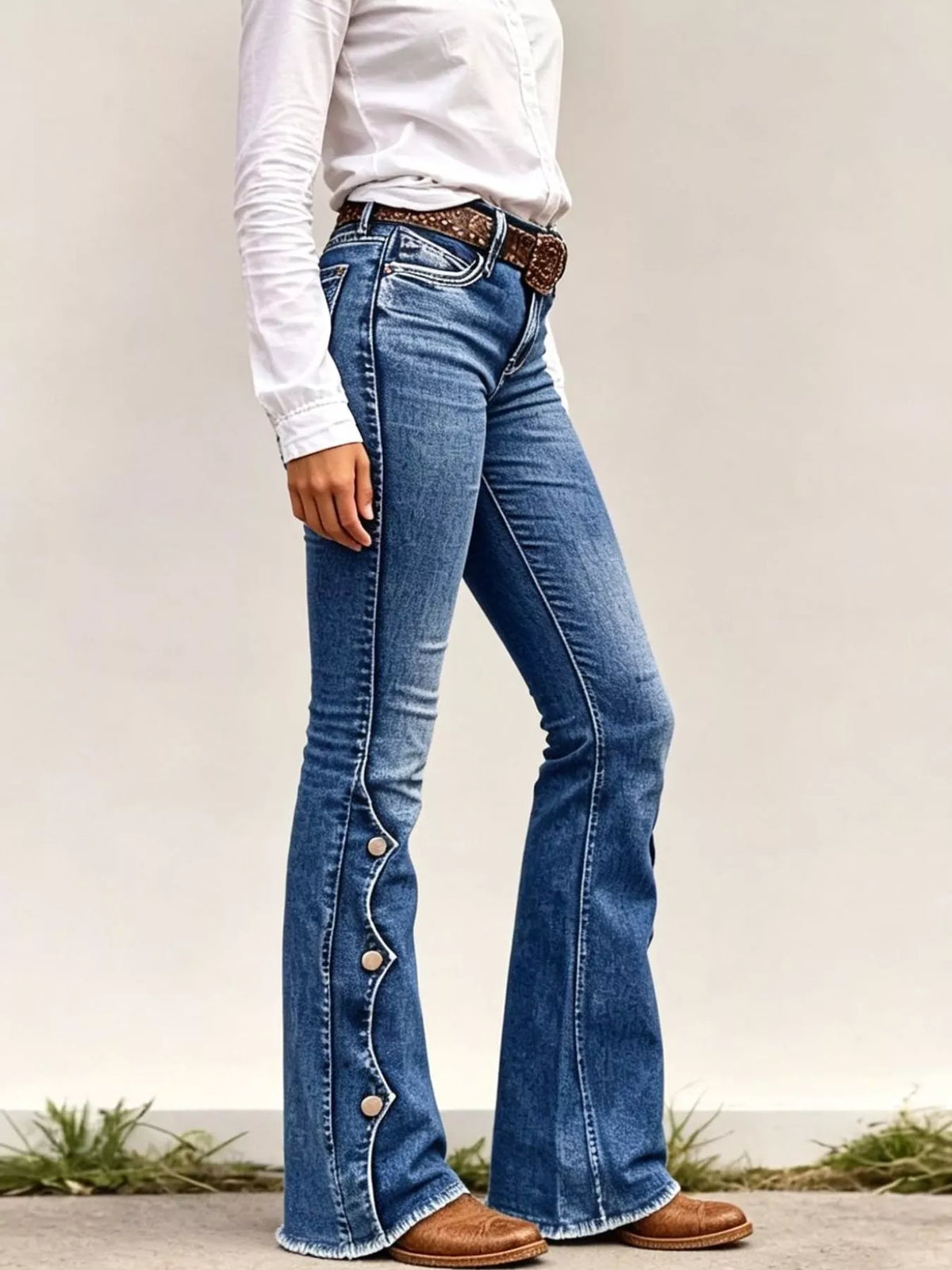 A person wearing blue denim flare jeans with decorative buttons down the outer leg, styled with a white long-sleeve shirt and brown boots against a plain light beige wall.