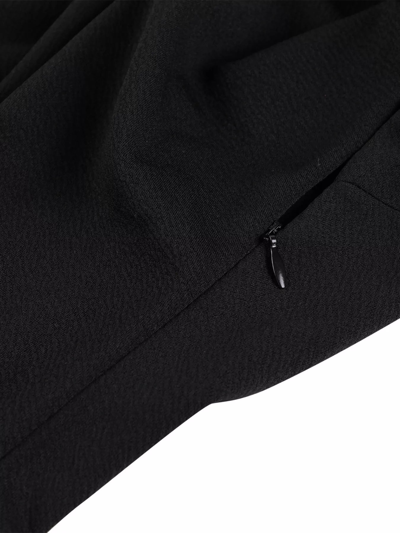 Close-up of a black jacket with a zipper on a white background