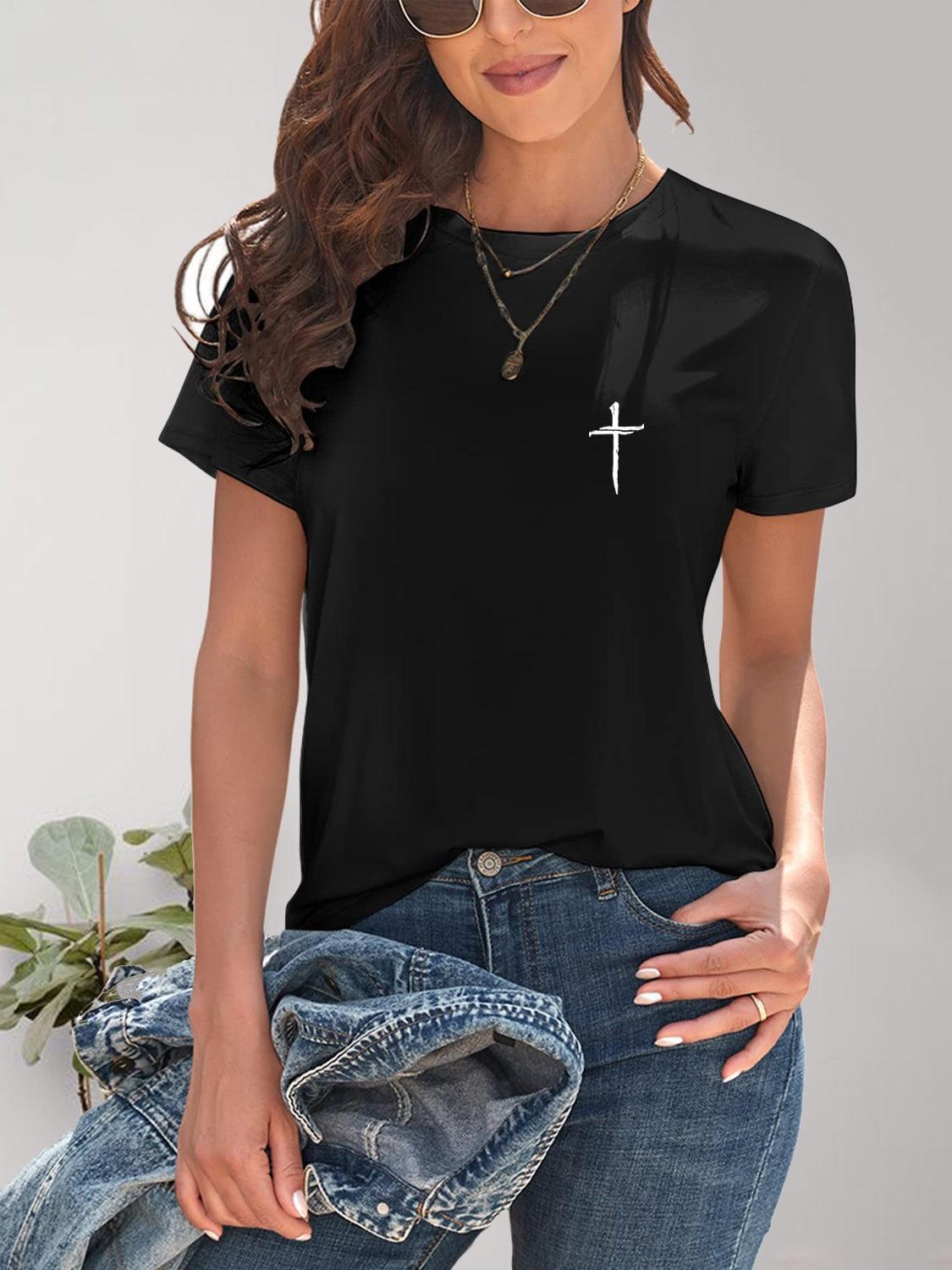 Black Cross Graphic Round Neck T-Shirt