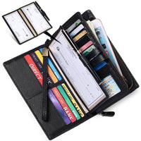Black leather checkbook cover with various cards and checkbooks inside on a white background