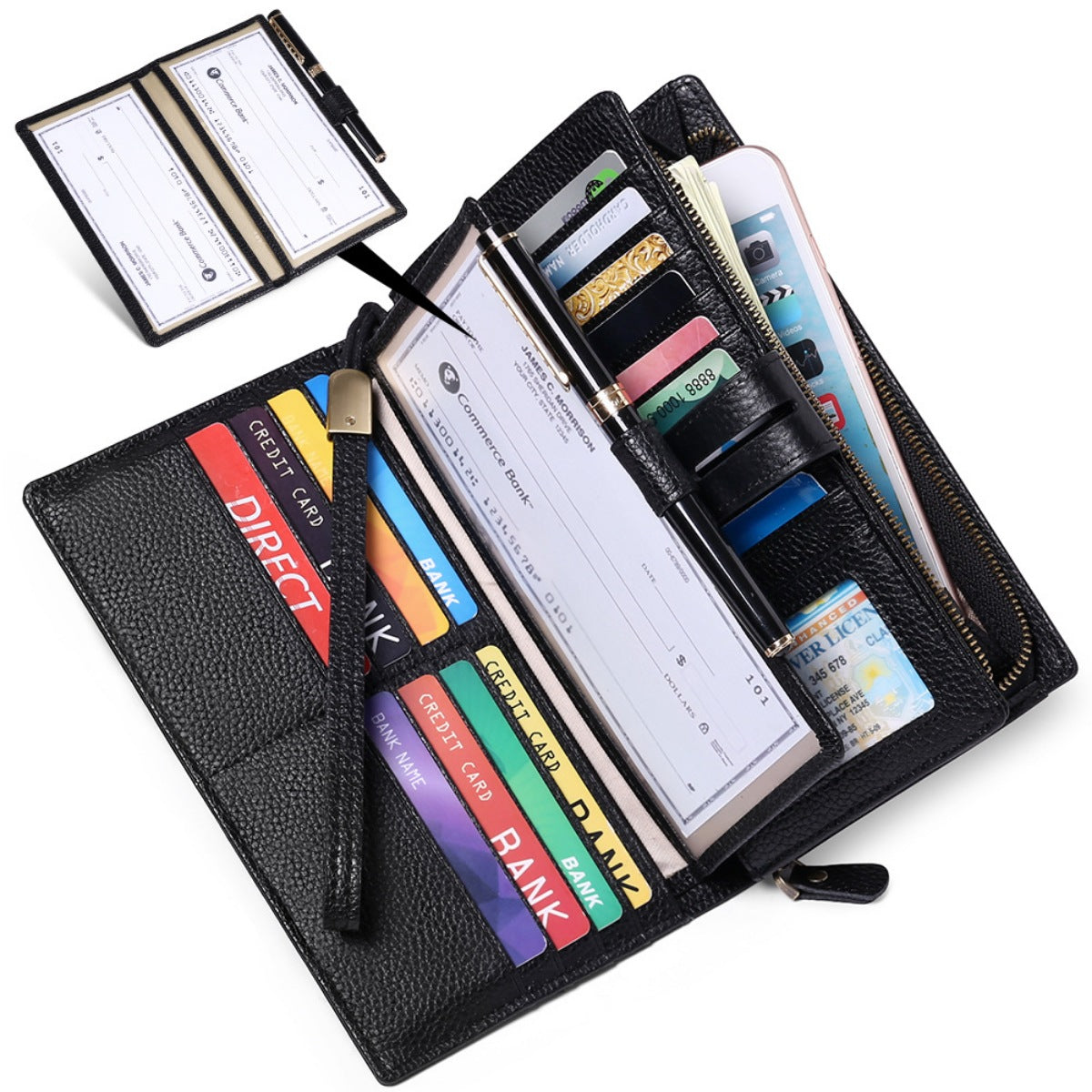 Black leather checkbook cover with various cards and checkbooks inside on a white background