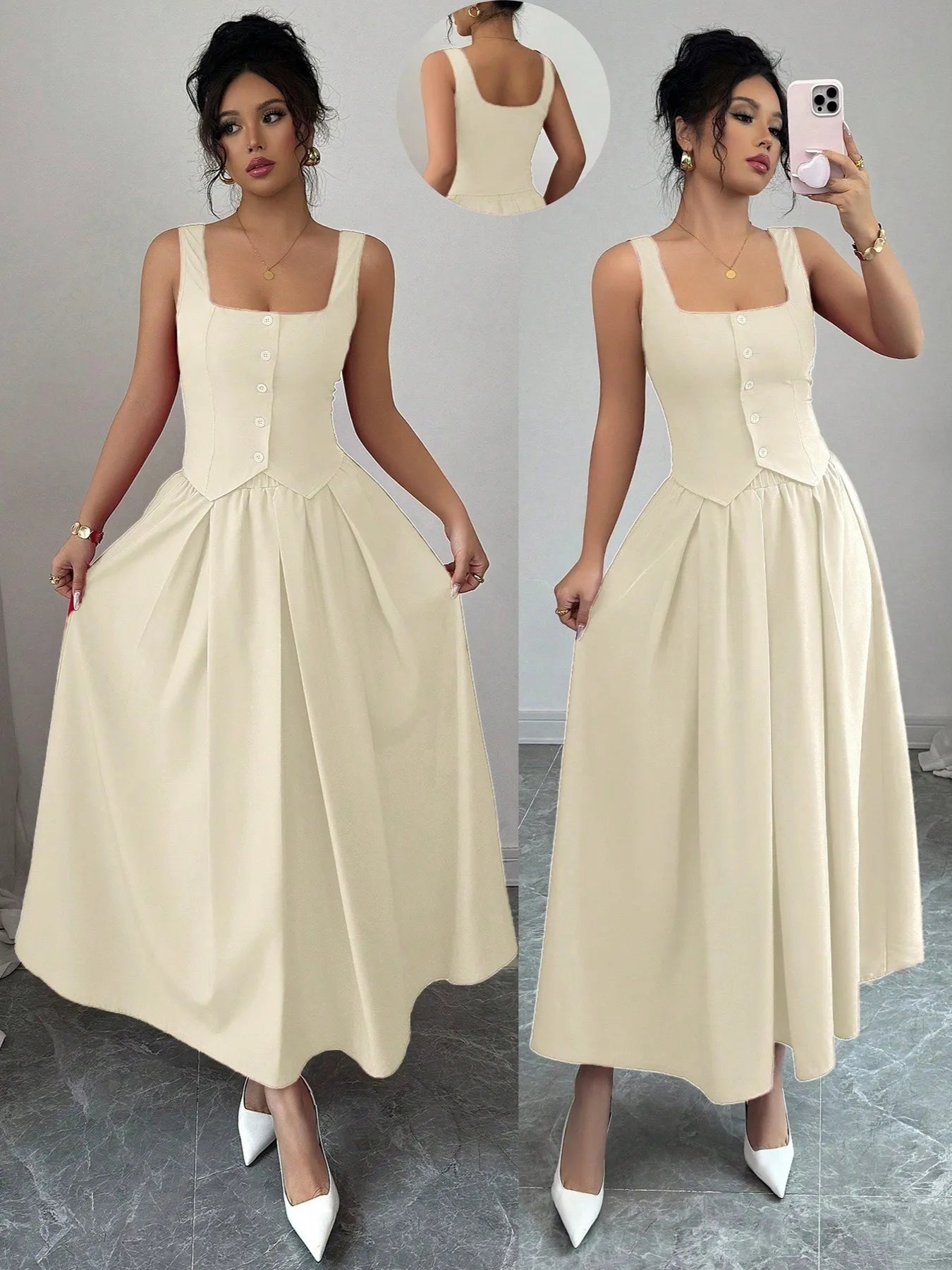 Woman wearing a beige dress with a plain background