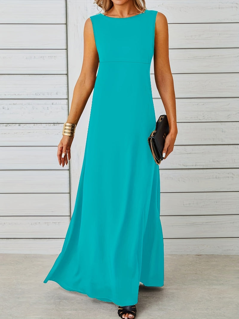 Woman wearing a turquoise sleeveless dress against a wooden background