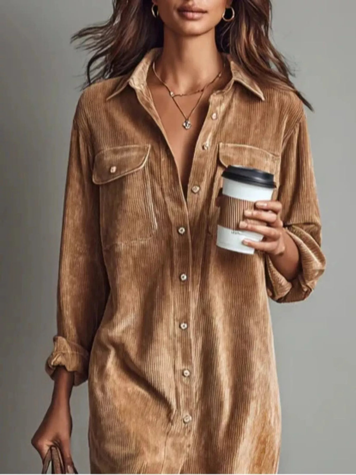 Woman wearing a brown corduroy shirt holding a coffee cup against a gray background