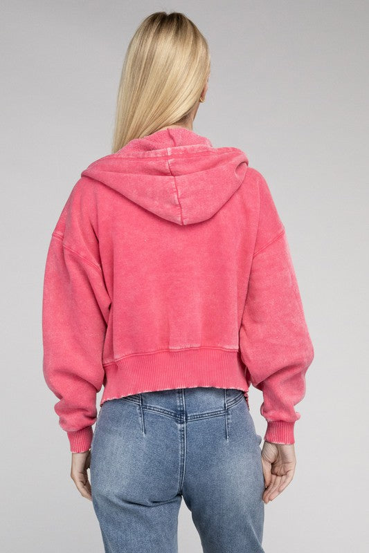 Pink Fleece Cropped Zip-Up Hoodie