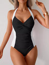Women Full Slimming Twisted Front Halter Neck Ruched One-Piece Swimsuit