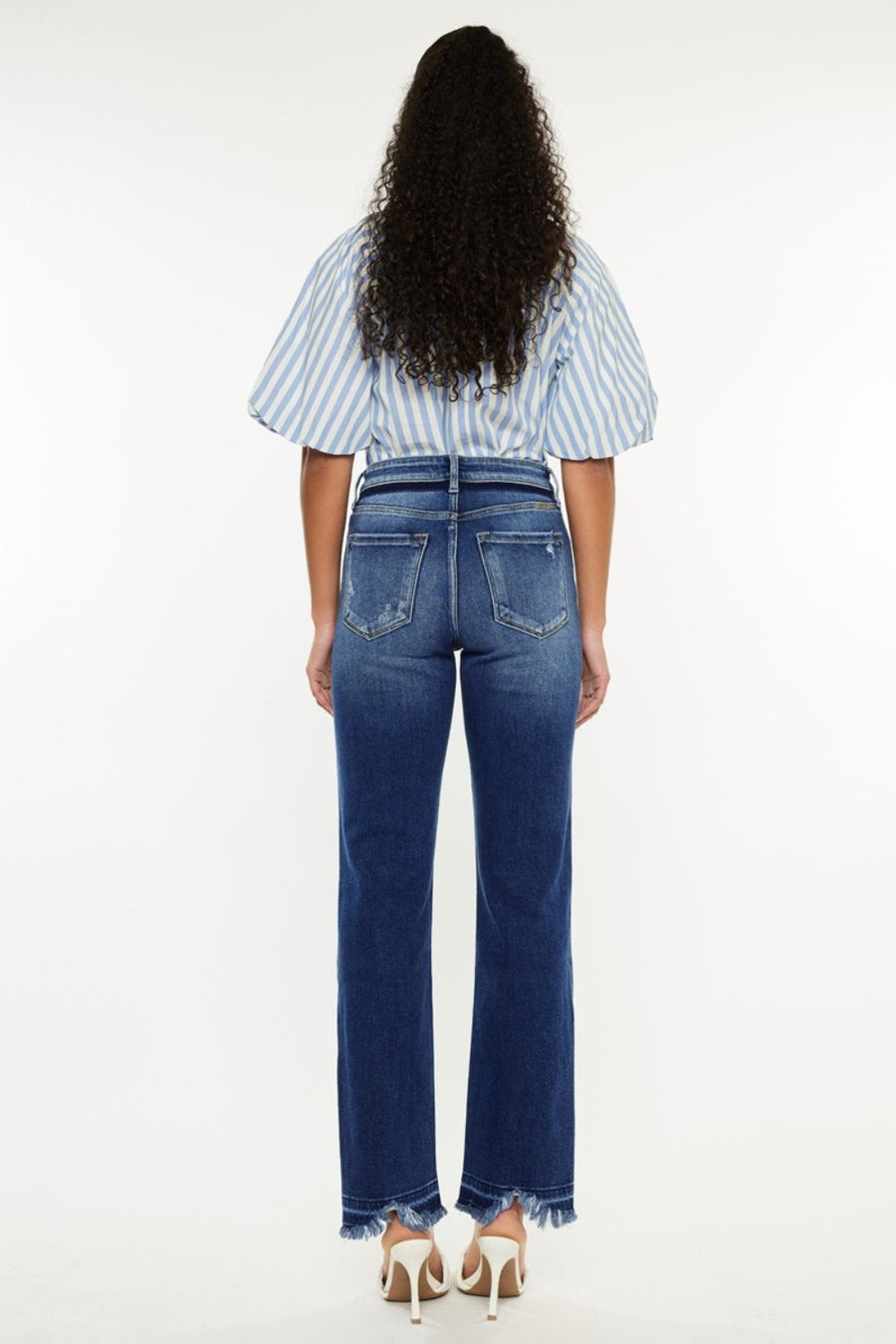 back view of Kancan High Rise Distressed Slim Straight Jeans