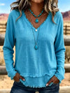 Women's V-Neck Long Sleeve Blouse with Frayed Hem Detail
