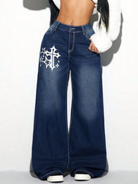 Blue jeans with a white cross design on a white background