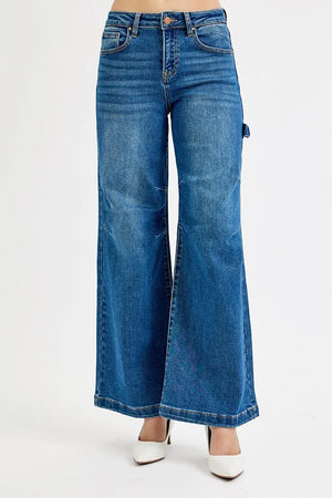 Blue wide-leg jeans on a white background