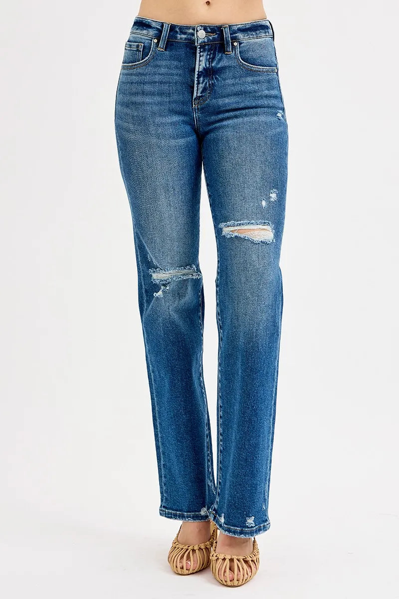 Front view of RISEN Full Size Tummy Control High Rise Straight Distressed Jeans Plus Size