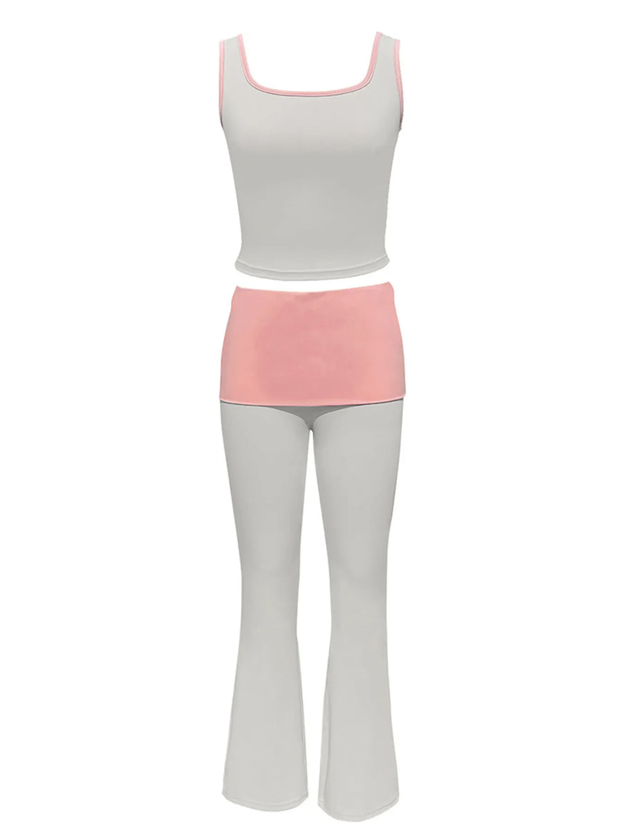 Gray tank top and pink pants set on a white background