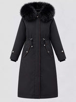 Full view of black Women's Detachable Longline Hooded Parka with Faux Fur Trim and Drawstring Waist