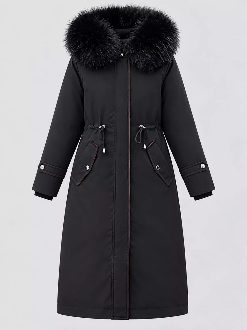 Full view of black Women's Detachable Longline Hooded Parka with Faux Fur Trim and Drawstring Waist