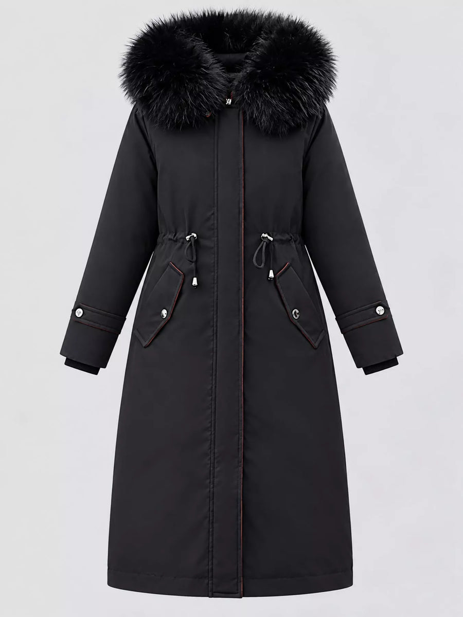 Full view of black Women's Detachable Longline Hooded Parka with Faux Fur Trim and Drawstring Waist