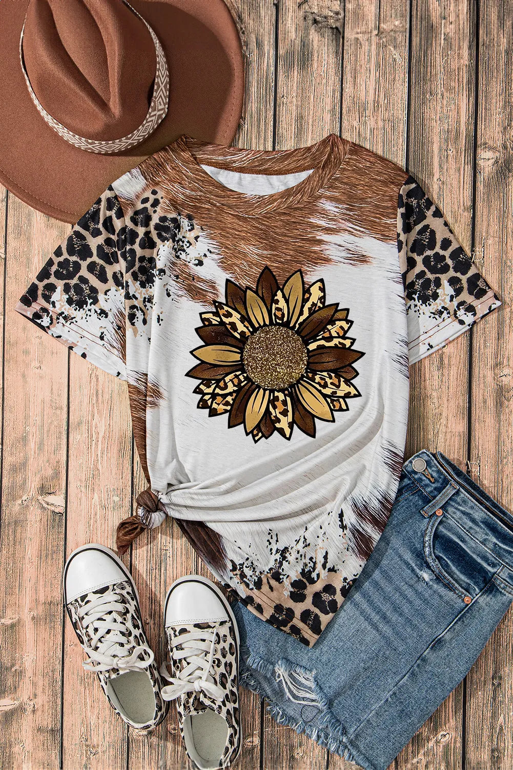 Full view of Sunflower Graphic Round Neck Short Sleeve T-Shirt