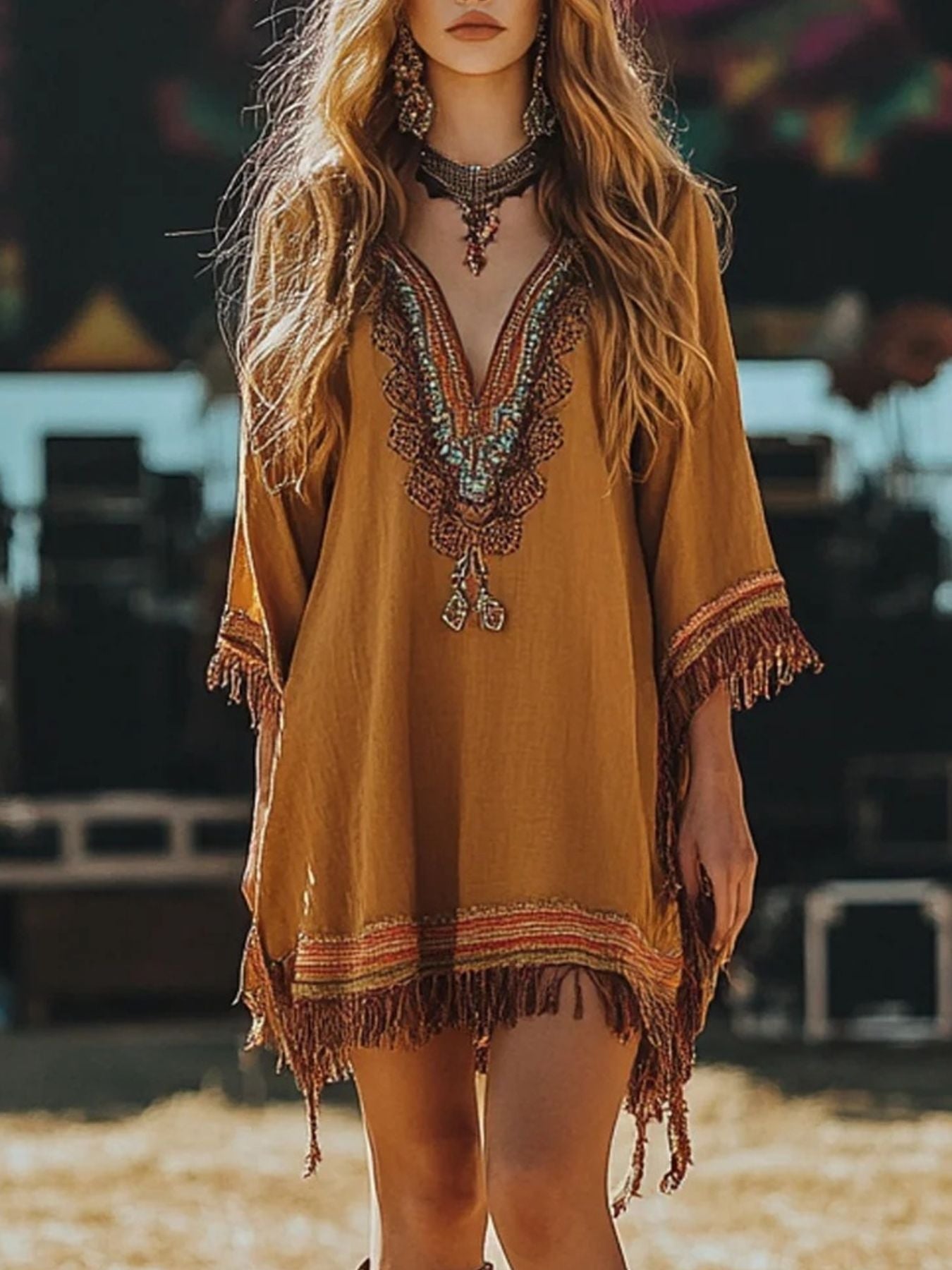 Woman wearing a mustard yellow dress with intricate patterns and fringes at an outdoor event.