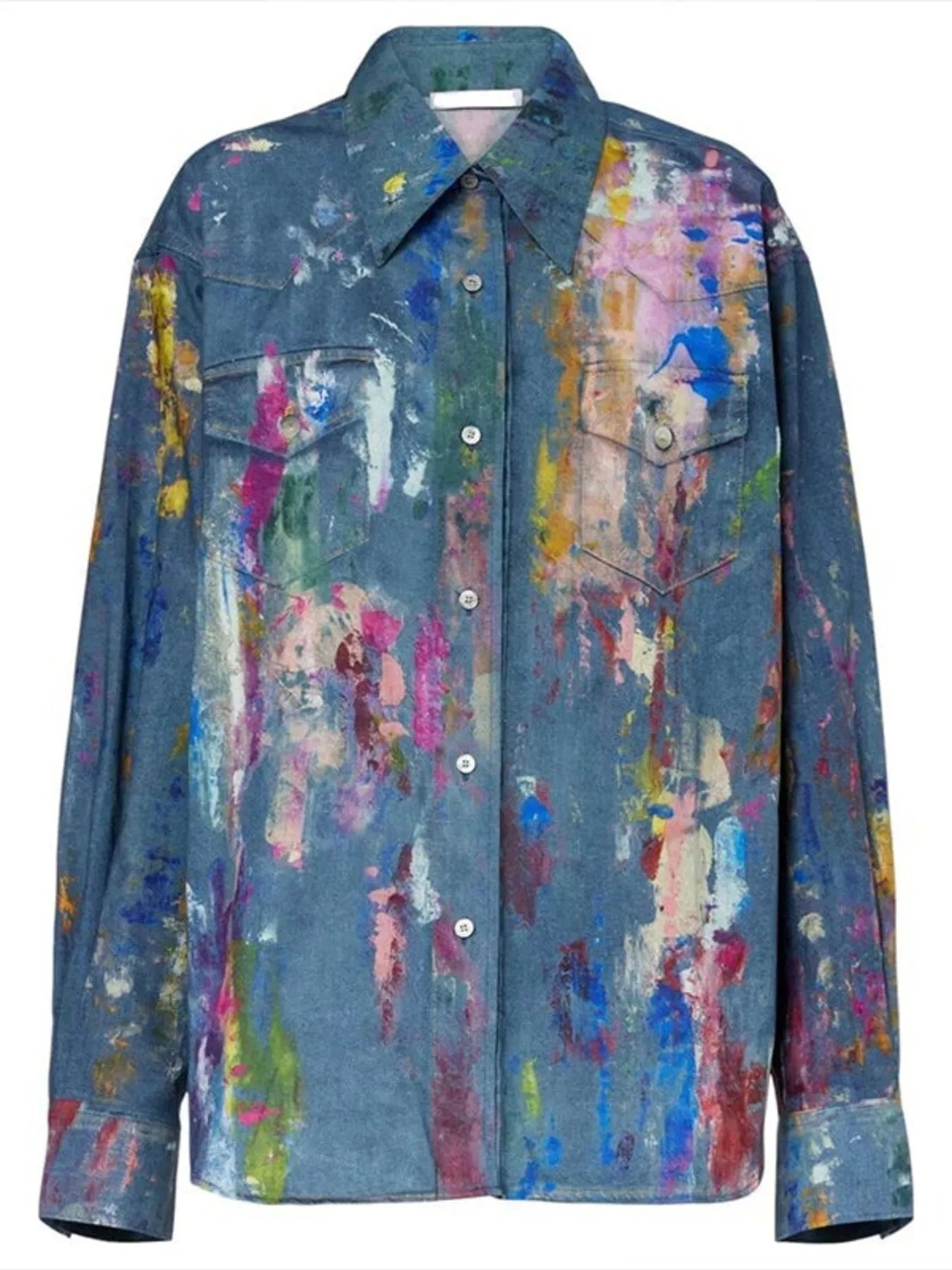 Denim jacket with colorful abstract paint splatter design on a white background