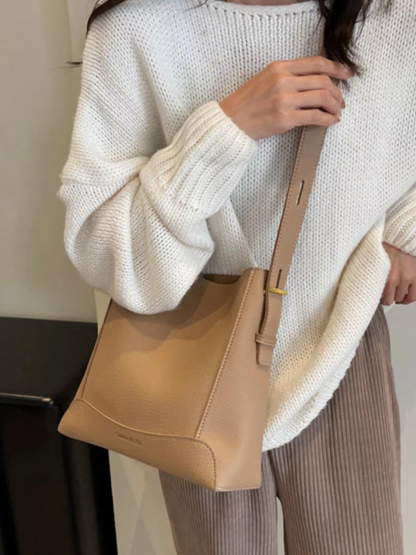 Lady beige Women's Leather Adjustable Strap Crossbody Bag