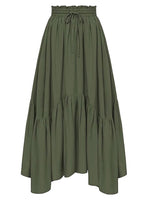 Front view of green Smocked Waist Band Ruched Layered Skirt