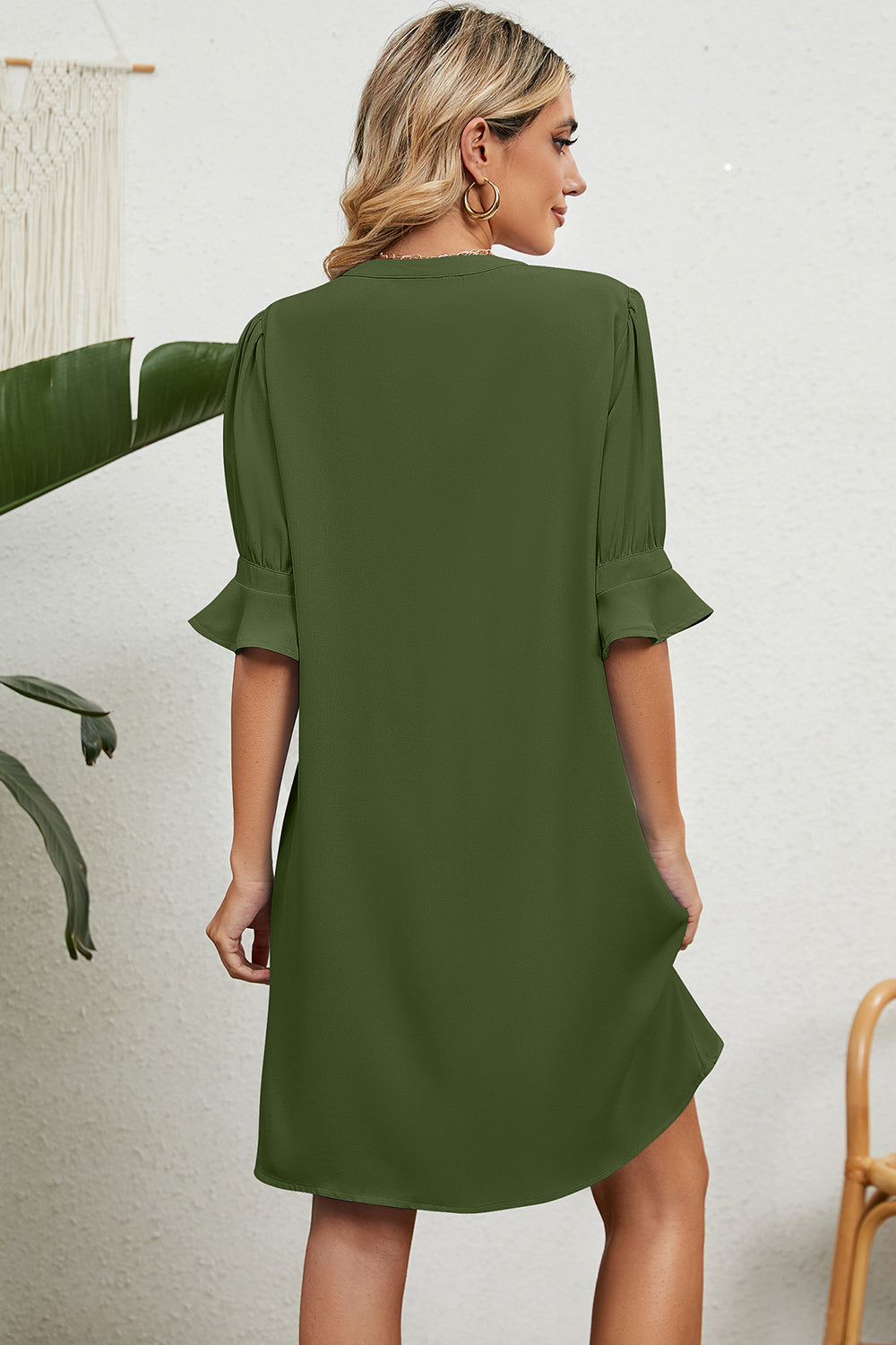 Back view of green Notched Flounce Sleeve Mini Dress