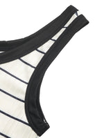 Close-up of a black bikini bottom with a white and navy striped top on a white background
