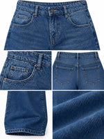 A five-panel product collage showing multiple views of blue denim shorts: front waistband and pockets, back pocket detail, back pockets, left leg close-up, and a fabric texture close-up on a white background.