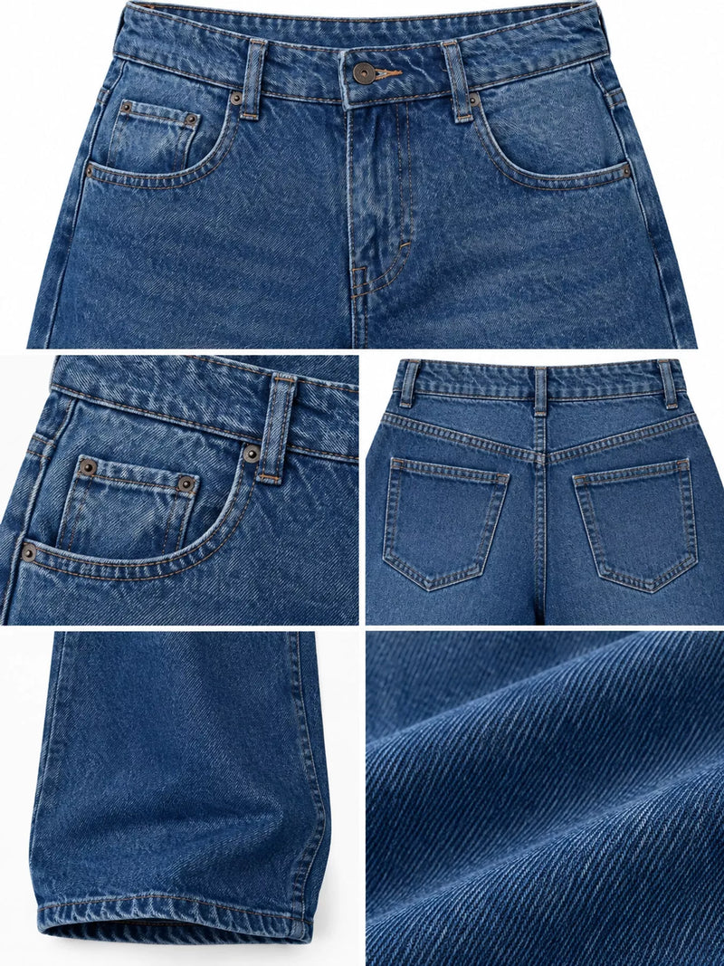 A five-panel product collage showing multiple views of blue denim shorts: front waistband and pockets, back pocket detail, back pockets, left leg close-up, and a fabric texture close-up on a white background.