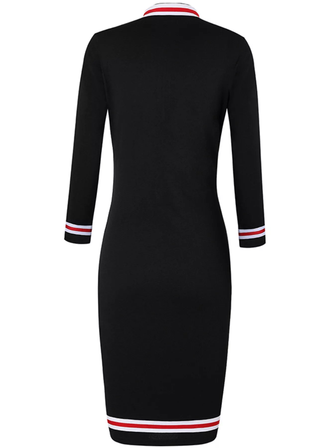 Black dress with red and white trim on a white background