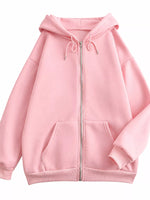 A light pink zip-up hoodie with a front zipper, drawstring hood, and kangaroo pockets, shown against a plain white background.