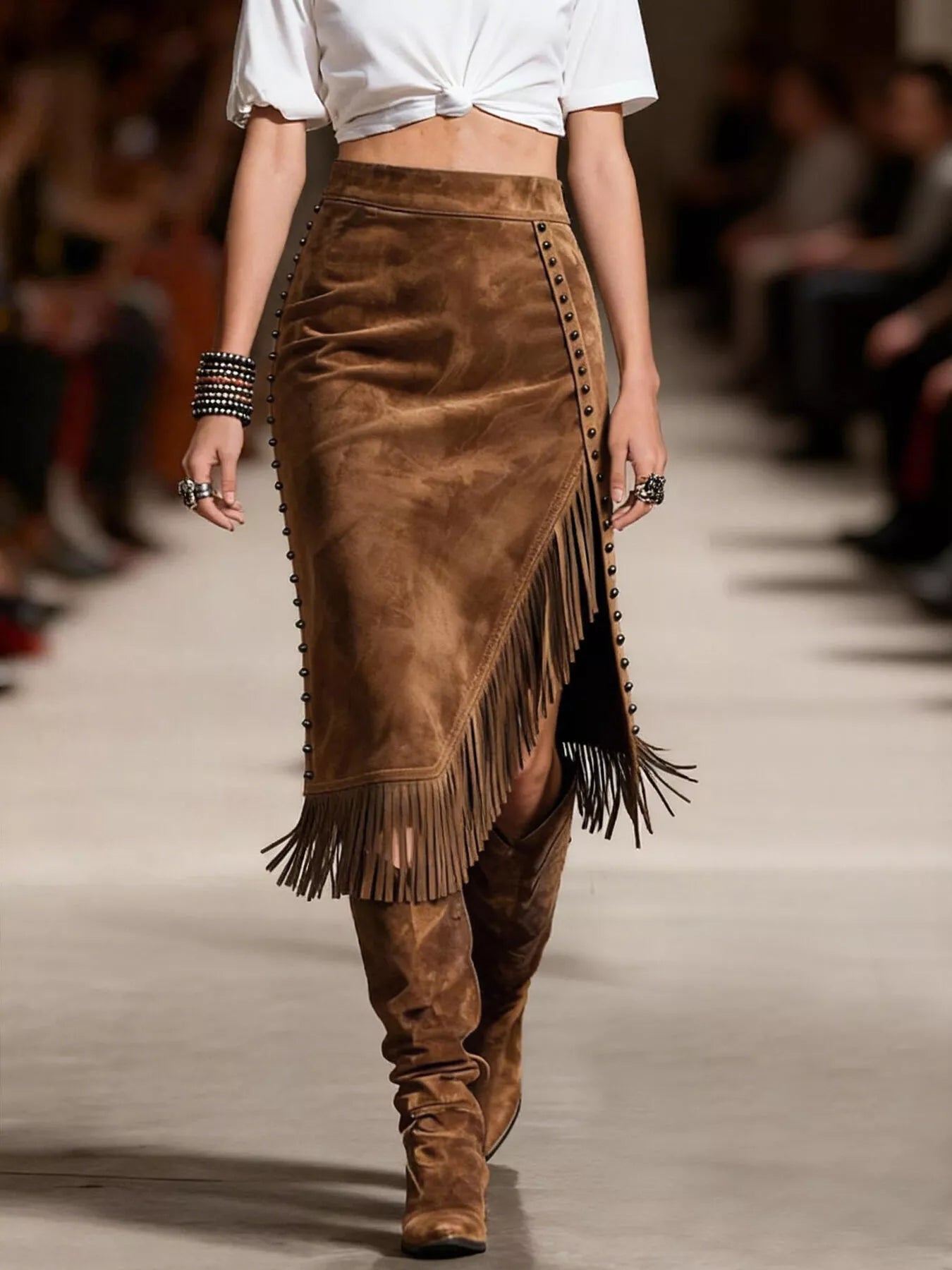 Model walking on a runway wearing a brown suede skirt with fringe and matching boots.