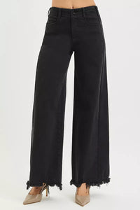 Black wide-leg jeans on a white background