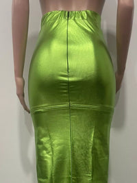 Green metallic skirt worn by a mannequin against a plain background