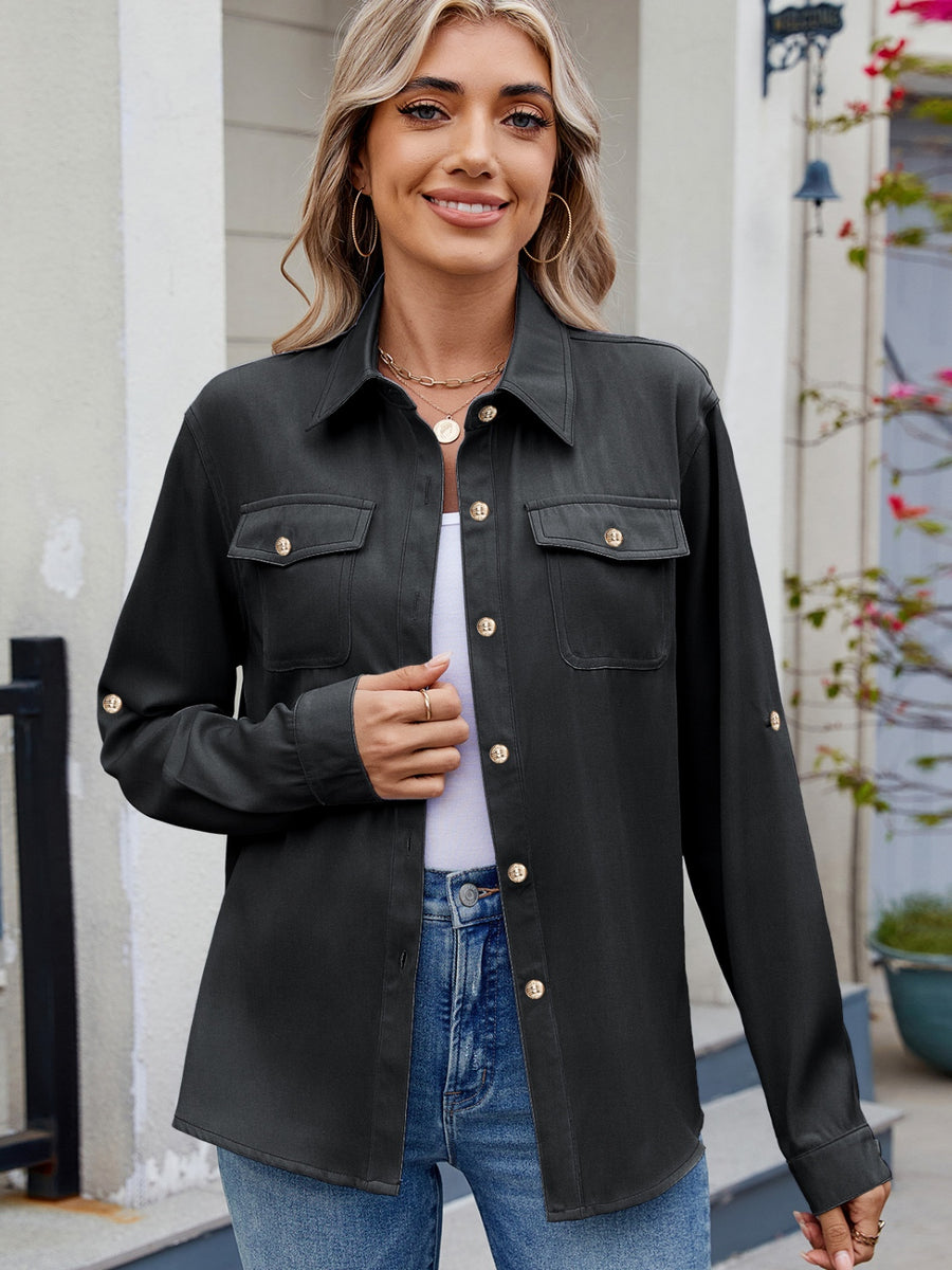 Front view of Solid Color Collared Neck Long Sleeve Shirt