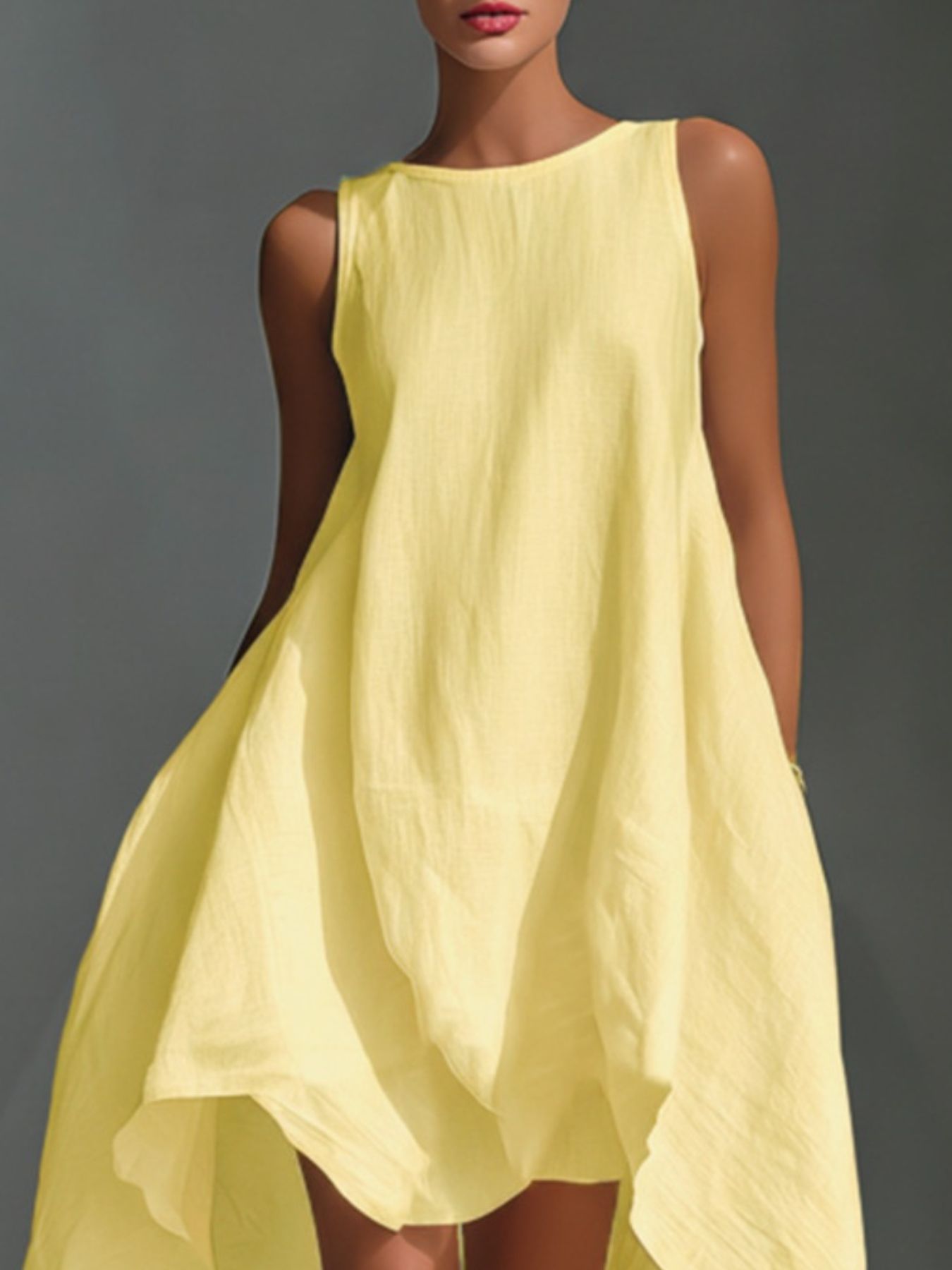 Yellow dress worn by a model against a gray background