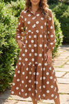 Polka Dot Button Front Long Sleeve Shift Dress