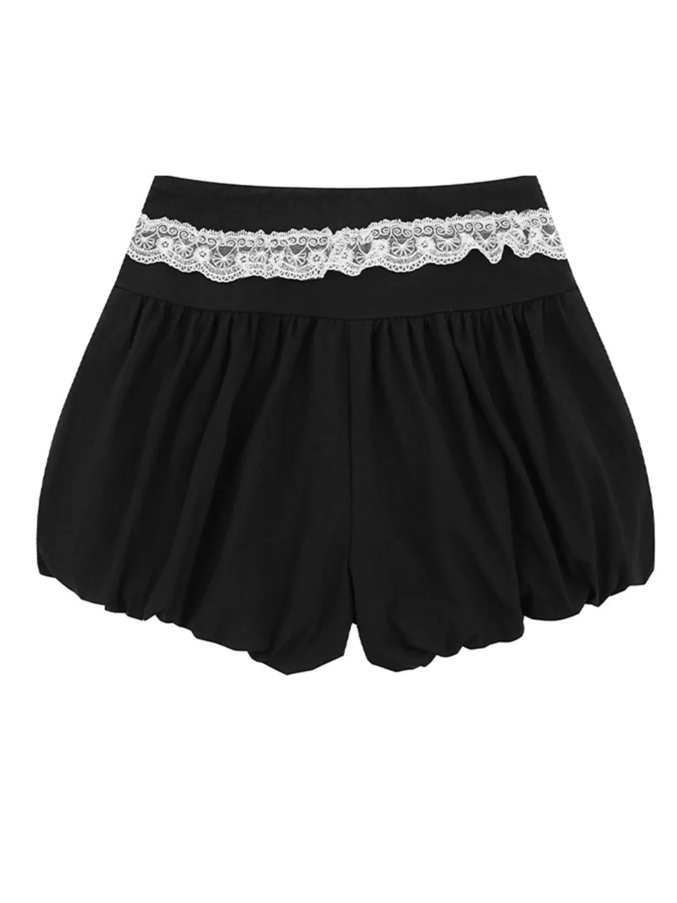 Black shorts with white lace waistband on a white background