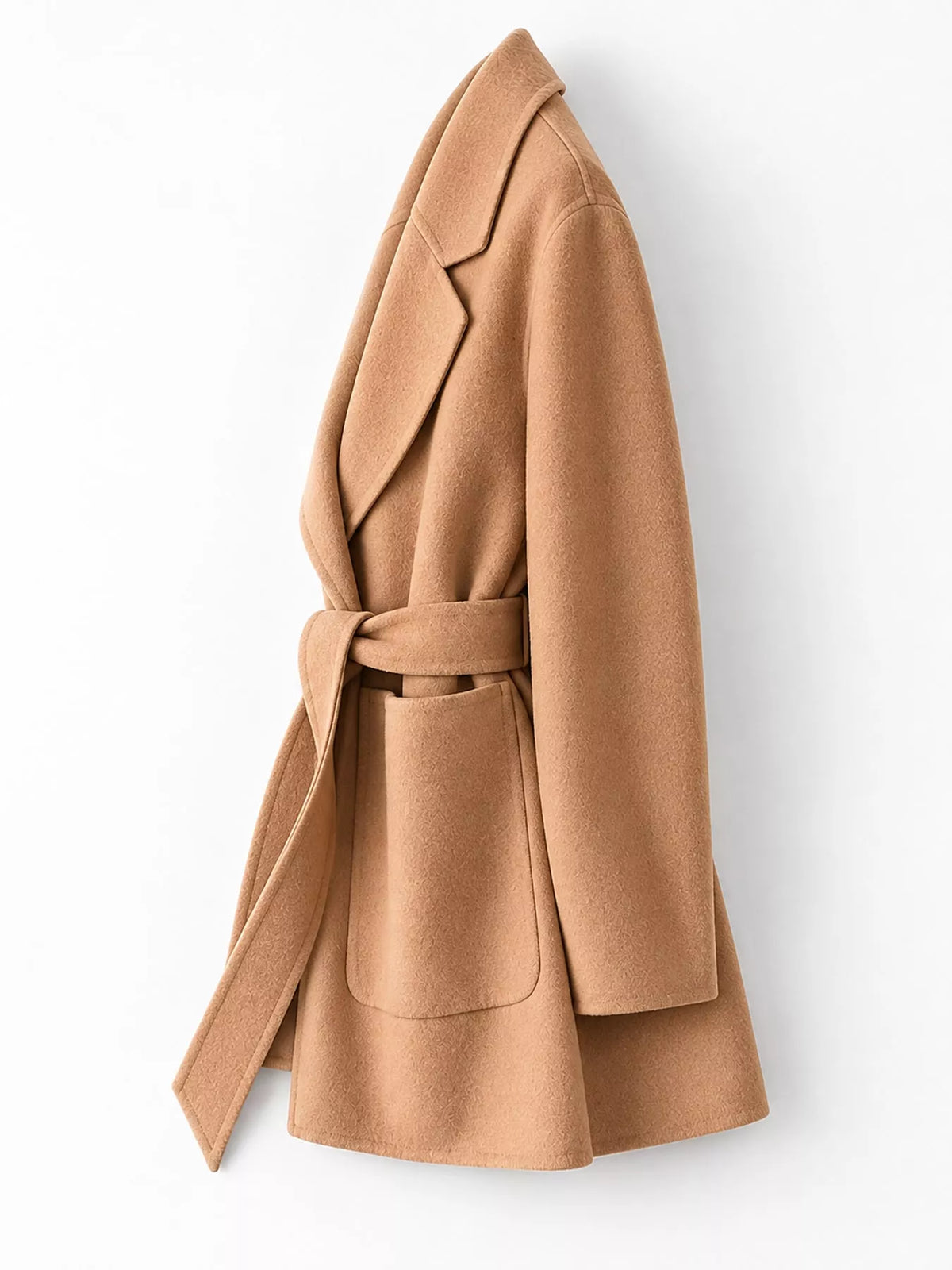A camel brown wool coat with a matching waist tie belt and front patch pocket, shown from a side profile against a clean white background.