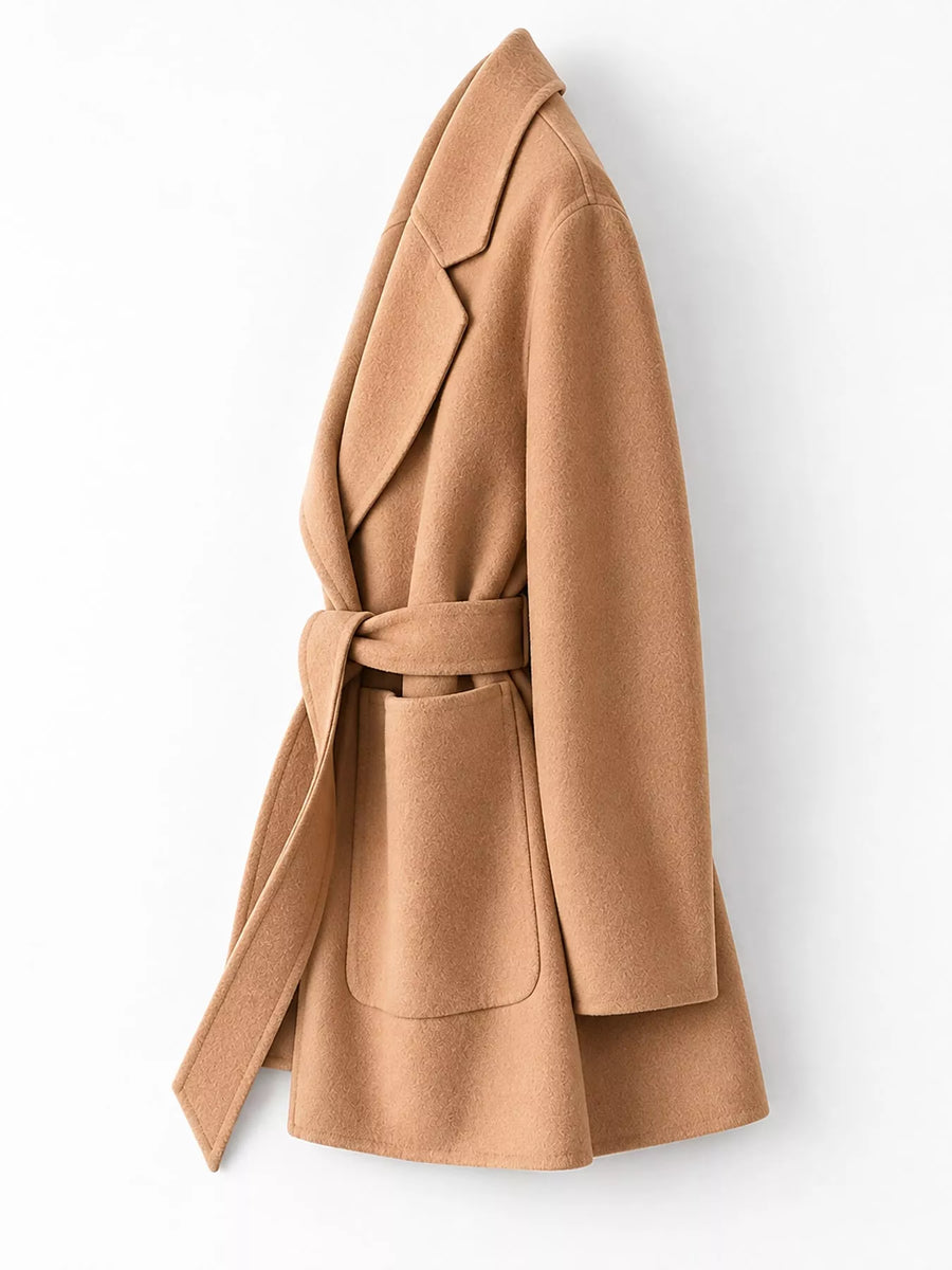 A camel brown wool coat with a matching waist tie belt and front patch pocket, shown from a side profile against a clean white background.