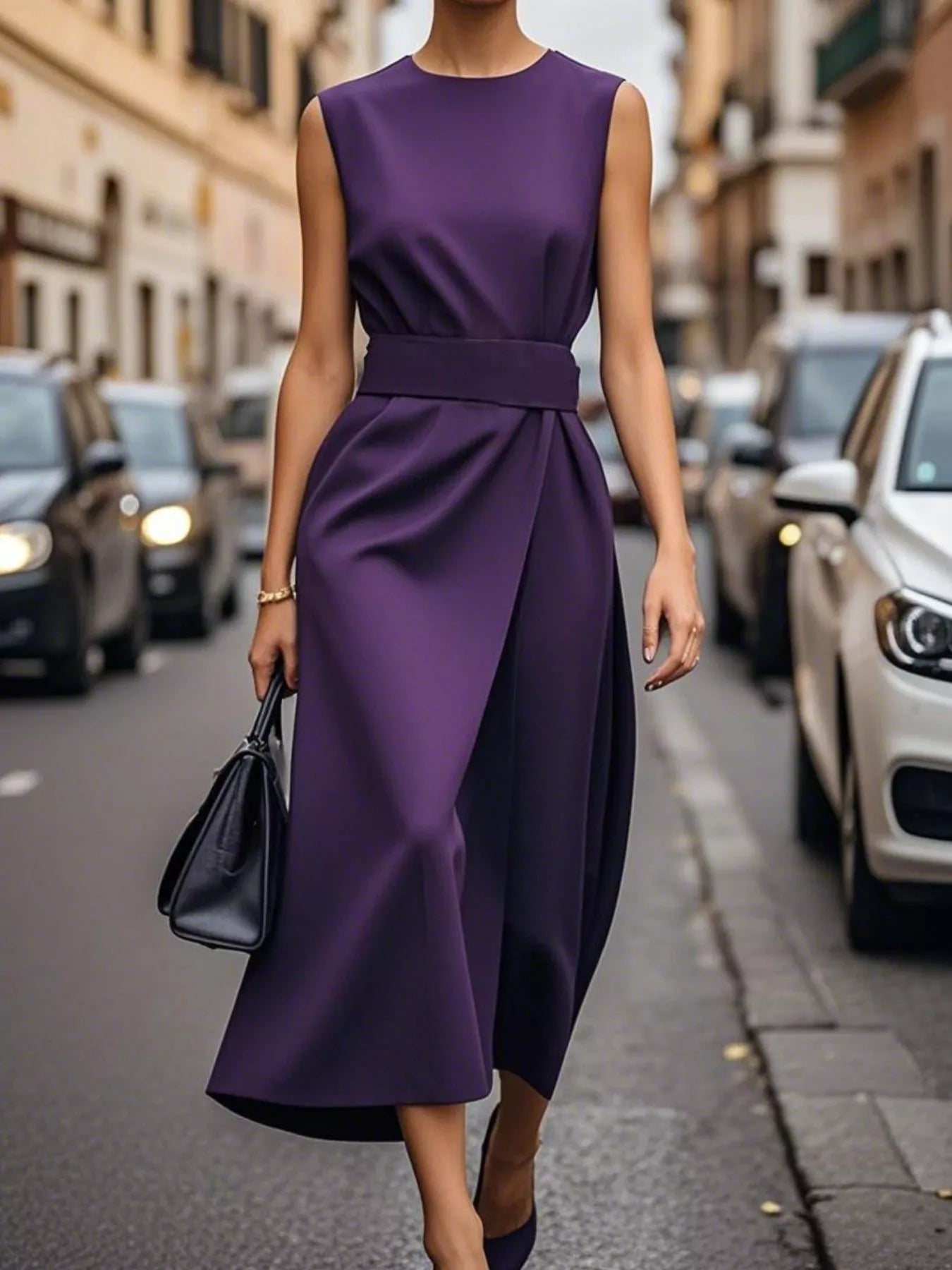 Person wearing a purple dress on a city street with cars and buildings in the background