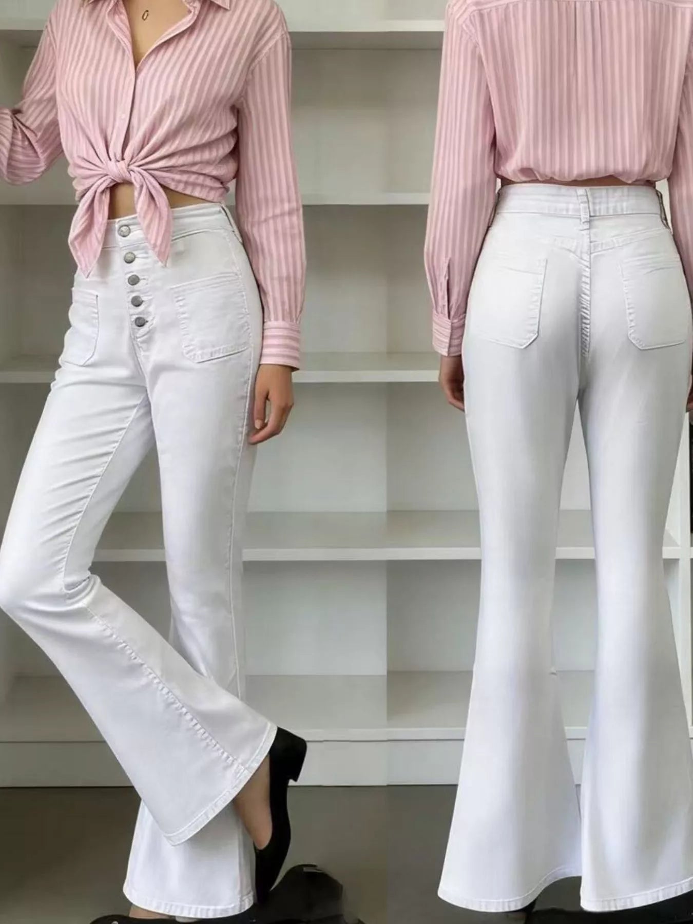 Two views of a person wearing a pink striped shirt and white pants against a white background.