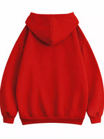 A bright red pullover hoodie shown from the back, featuring a large hood, dropped shoulders, and ribbed cuffs and hem, isolated on a white background.