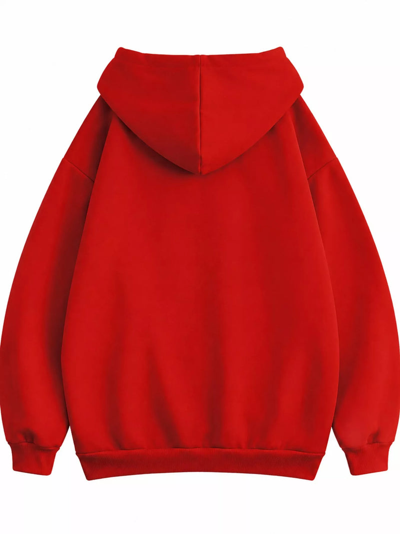 A bright red pullover hoodie shown from the back, featuring a large hood, dropped shoulders, and ribbed cuffs and hem, isolated on a white background.