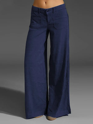 Navy blue wide-leg pants on a gray background