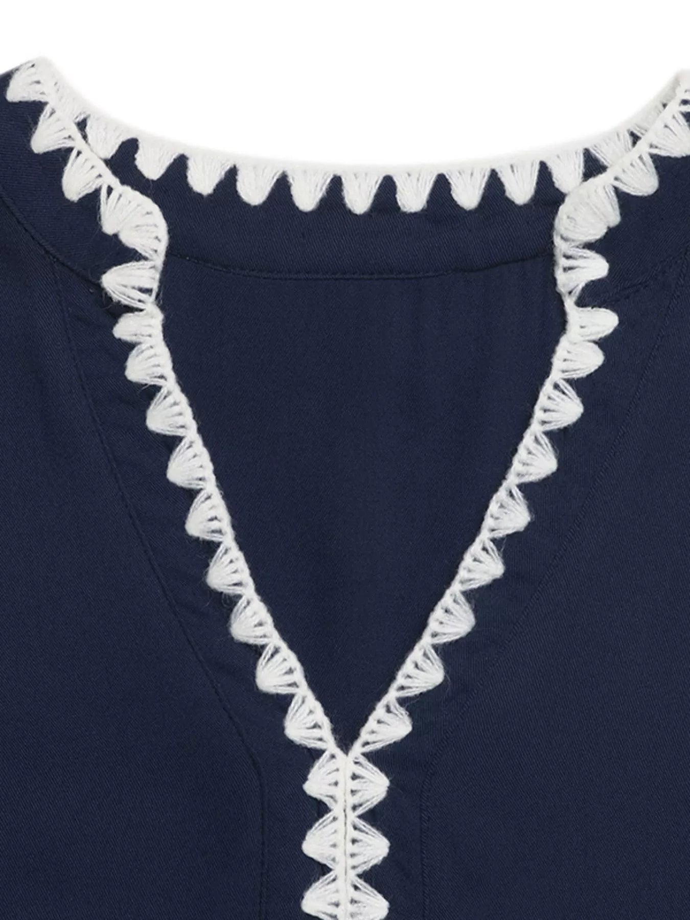 Navy blue garment with white lace trim on a plain background