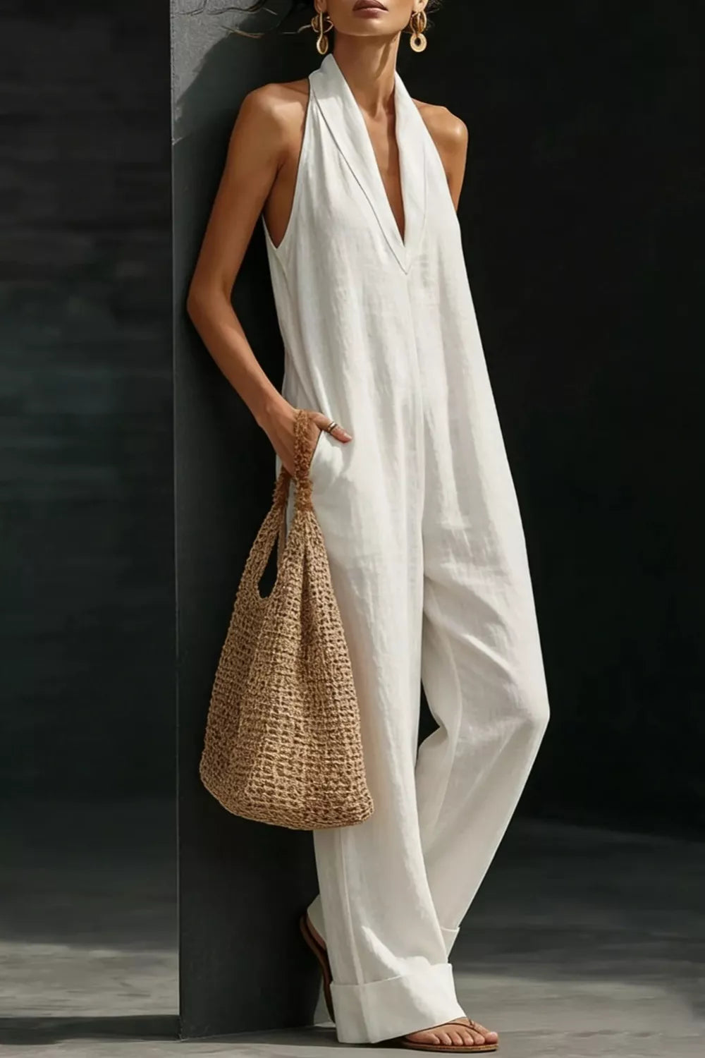 Woman in a white outfit holding a woven bag against a dark background
